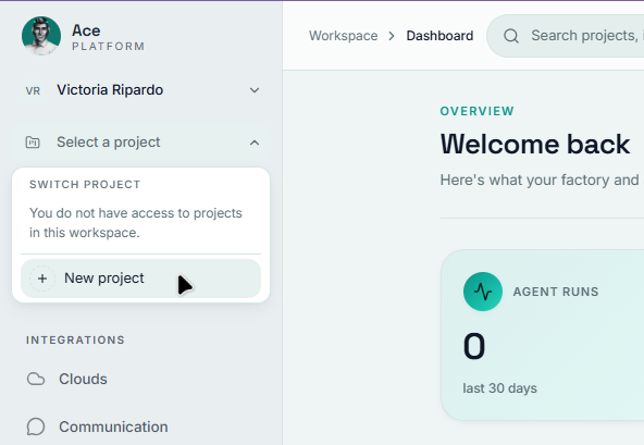Creating a new project in ACE Dev