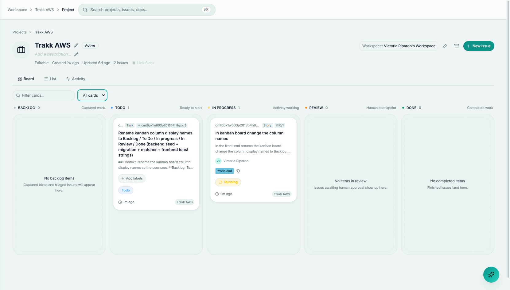 The board's five columns: Backlog, Todo, In Progress, Review, and Done