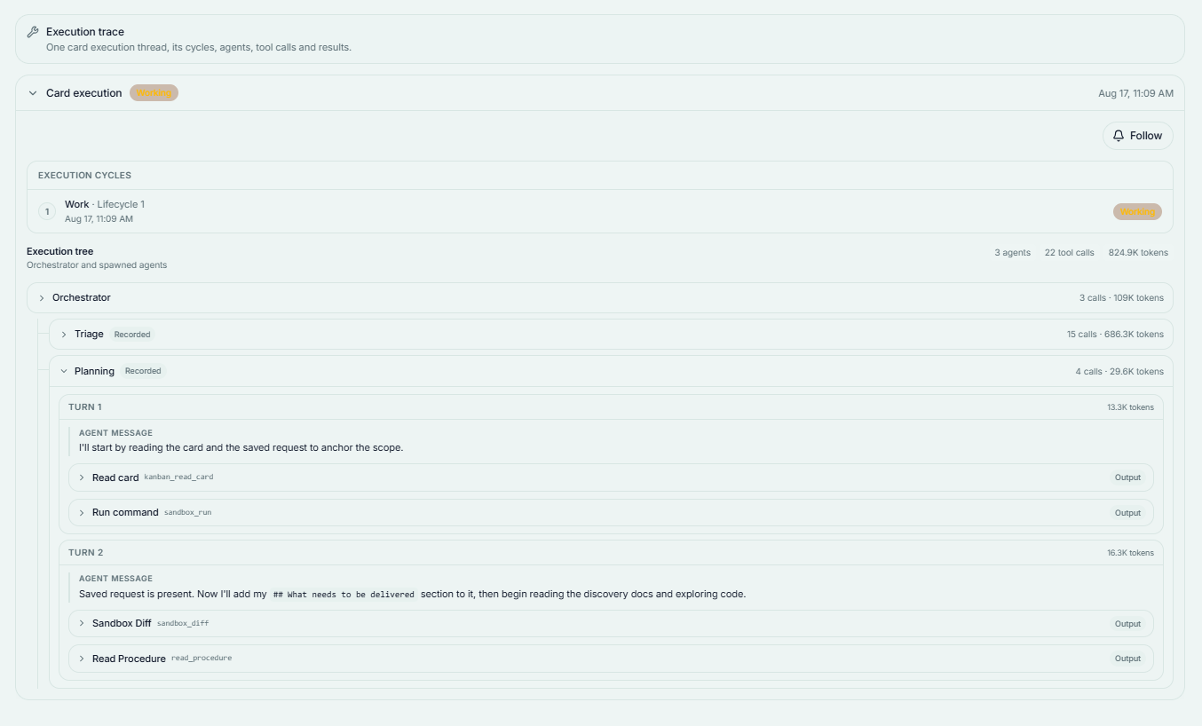 The Technical details view: an orchestrator and the specialist roles it spawned, with tool calls per cycle