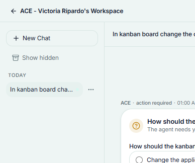 The Chat conversation list grouped under Today, with the New Chat and Show hidden controls and a row's actions menu