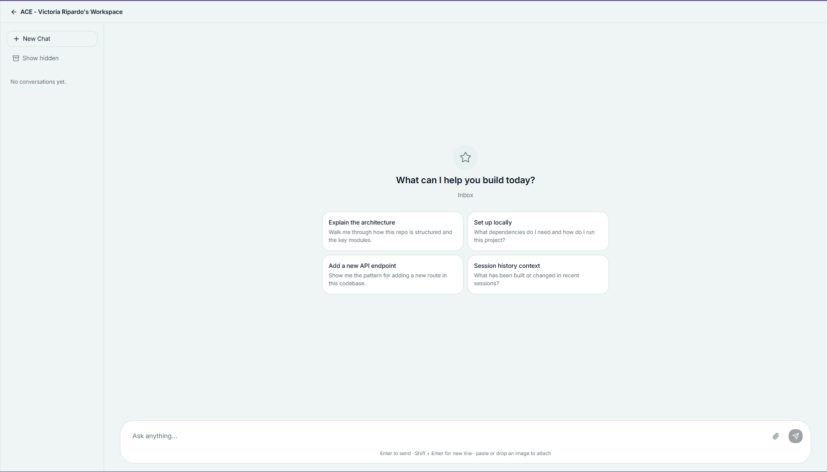 The Chat workspace with starter prompts and the message box