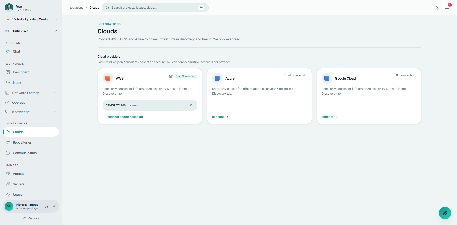 The Clouds page with one AWS account connected and Azure and Google Cloud not yet connected