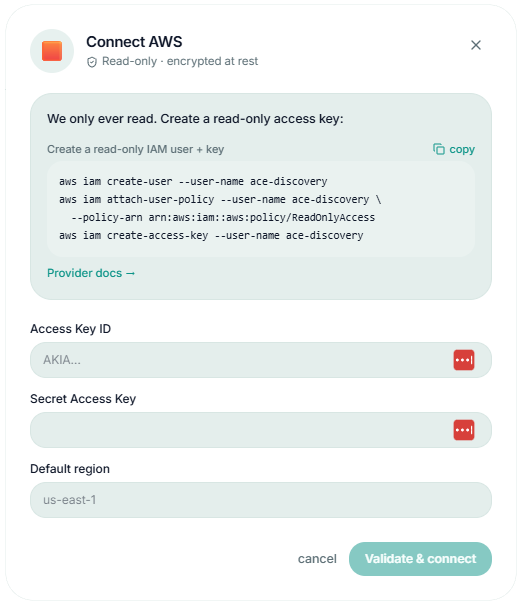 The Connect AWS form for pasting a read-only access key, secret, and default region