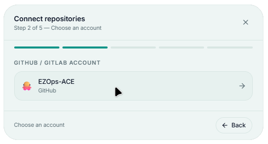 Choosing a connected GitHub or GitLab account in the Connect Repository wizard