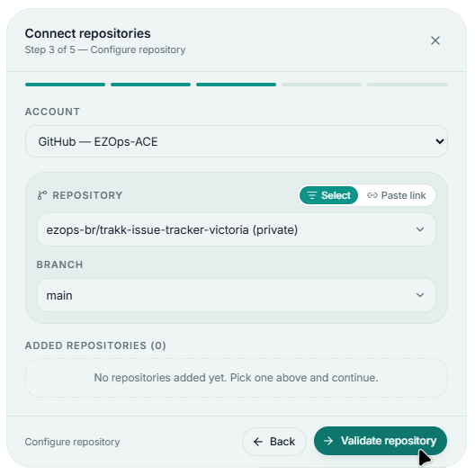 Step 3 of the wizard, picking the account, repository, and branch