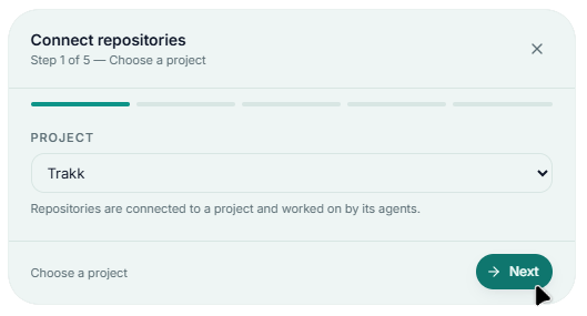 Step 1 of the Connect Repository wizard, choosing a project