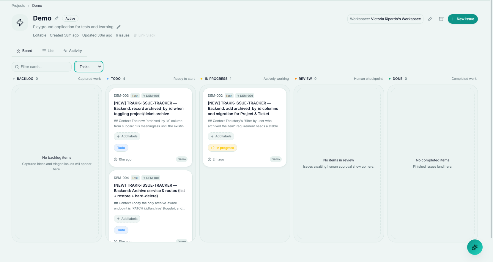 The sub-tasks dispatched, shown with the board filtered to Tasks