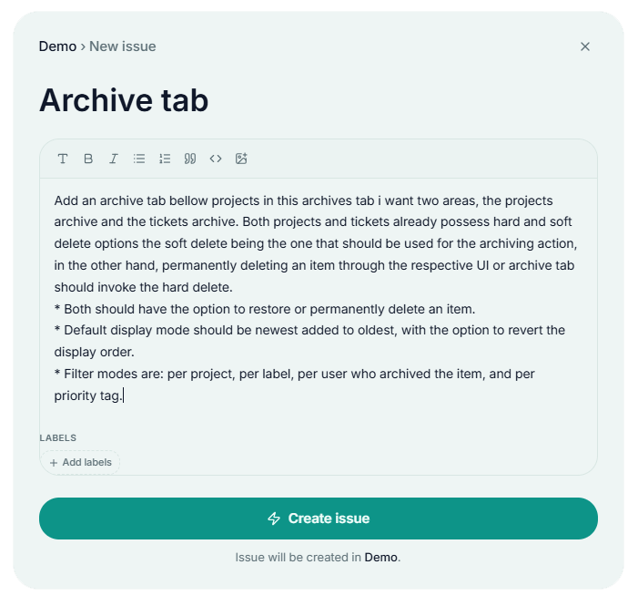 Creating the Archive tab issue in the demo project
