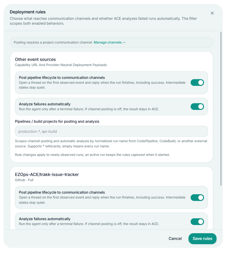 Deployment rules: automatic failure analysis, per source
