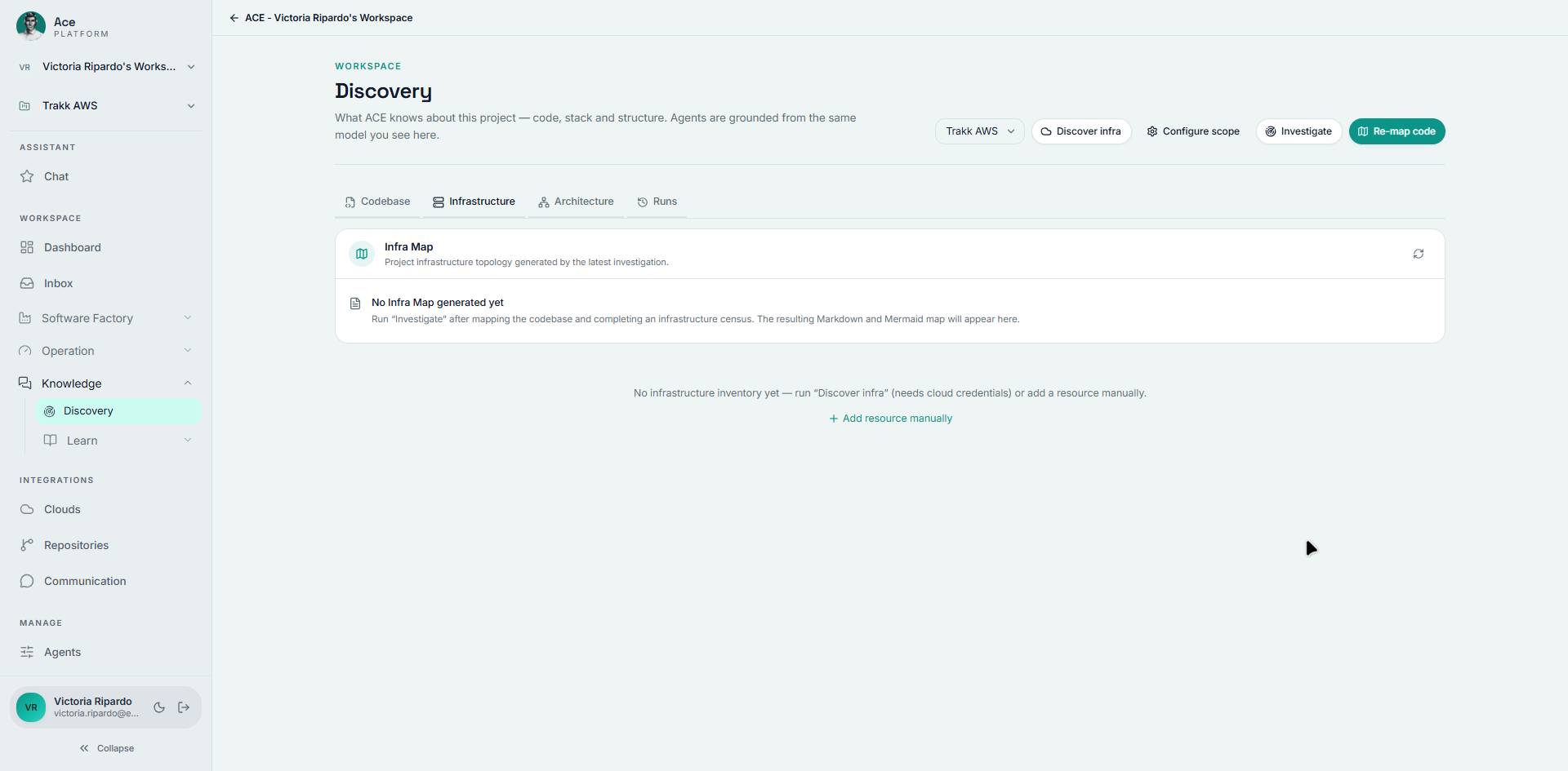 The Discovery workspace, where ACE maps your code, stack, and infrastructure