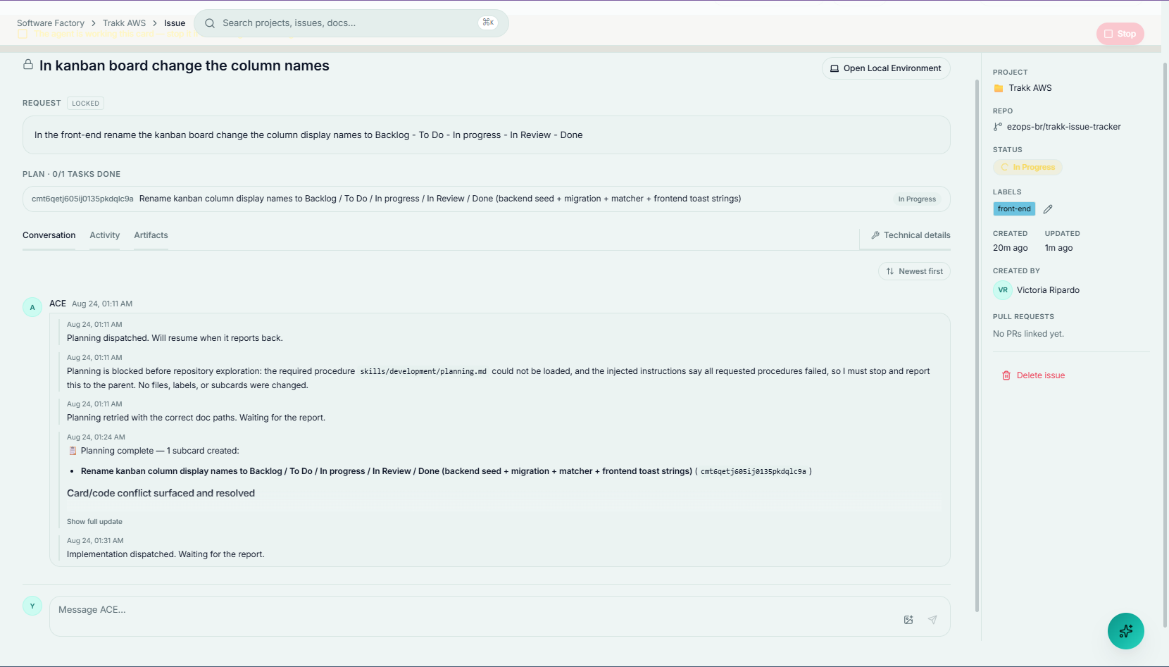 The issue detail page showing the request, plan, conversation, and the project sidebar