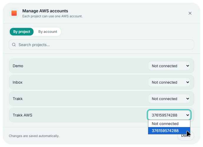 The Manage AWS accounts dialog, assigning one account per project