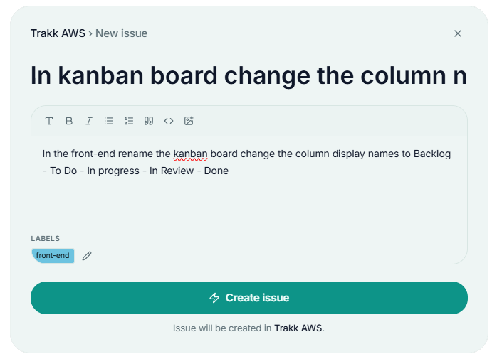 The New issue dialog for creating an issue in a project