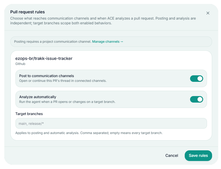The Pull request rules dialog for automatic analysis on target branches