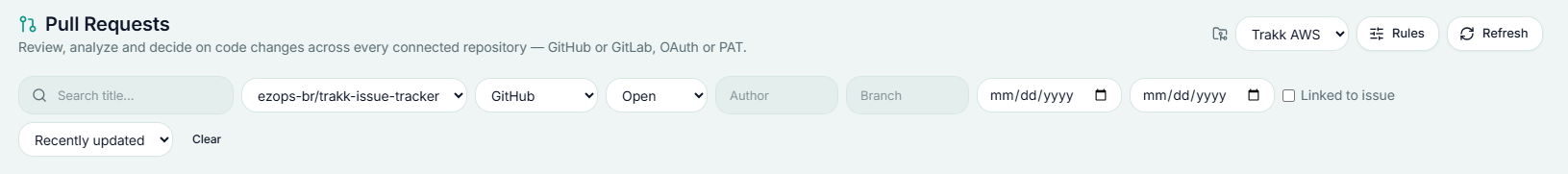 The Pull Requests filter bar: repository, provider, state, author, branch, and date filters