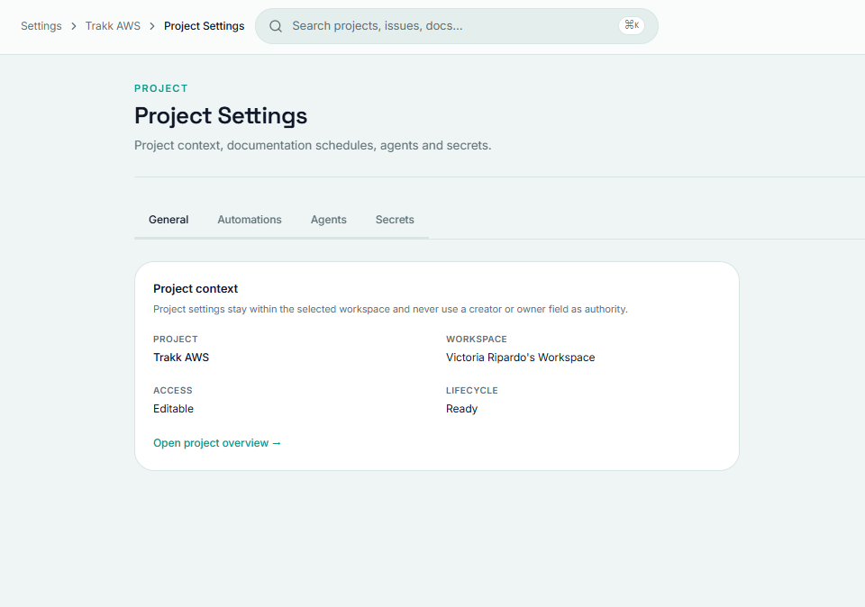 The Project Settings page with its General, Automations, Agents, and Secrets tabs