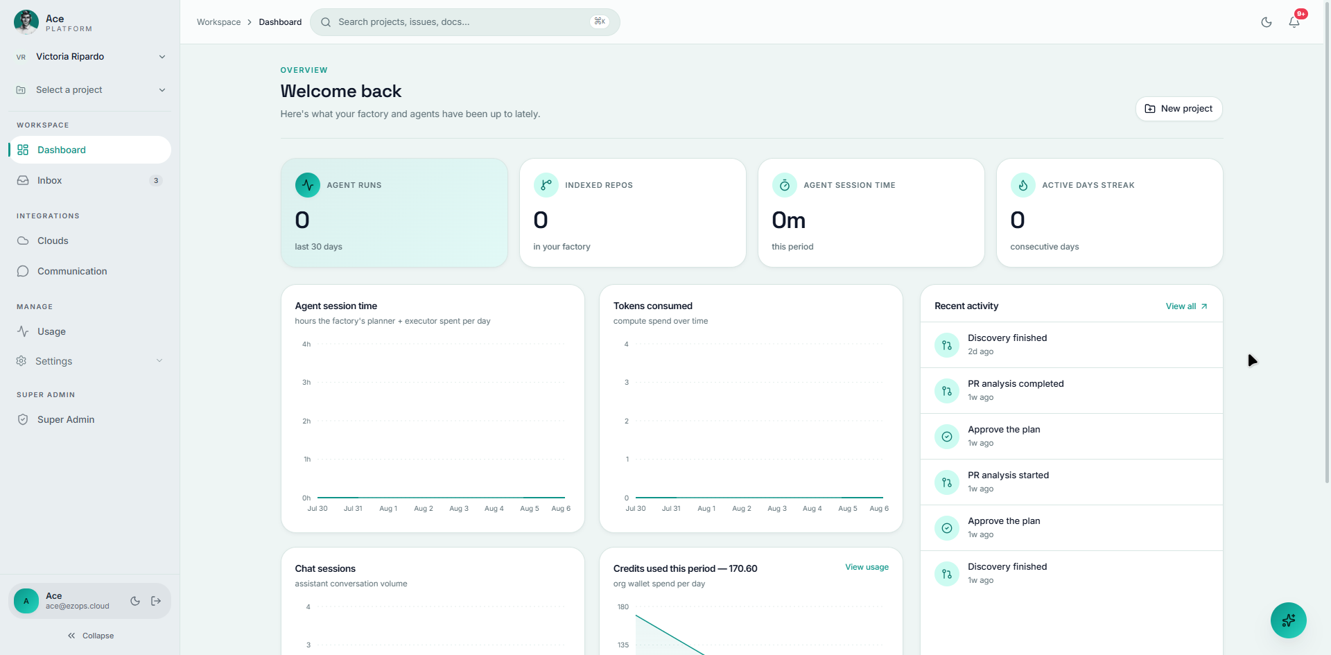 The Ace Dev dashboard